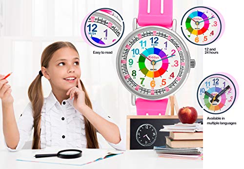 KIDDUS Reloj Educativo para niña, Chica, Chico. De Pulsera, analógico. Time Teacher fácil de Leer para Aprender la Hora. Ejercicios incluídos. Mecanismo de Cuarzo japonés. KI10310 Manillas escritas