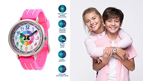 KIDDUS Reloj Educativo para niña, Chica, Chico. De Pulsera, analógico. Time Teacher fácil de Leer para Aprender la Hora. Ejercicios incluídos. Mecanismo de Cuarzo japonés. KI10310 Manillas escritas