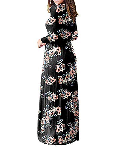 Kidsform Women's Long Sleeve Casual Maxi Dress with Pockets Floral Printed Loose Empire Waist Black Size M/UK 10-12