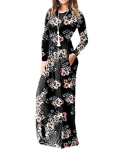 Kidsform Women's Long Sleeve Casual Maxi Dress with Pockets Floral Printed Loose Empire Waist Black Size M/UK 10-12