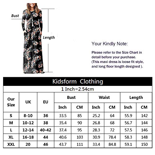 Kidsform Women's Long Sleeve Casual Maxi Dress with Pockets Floral Printed Loose Empire Waist Black Size M/UK 10-12