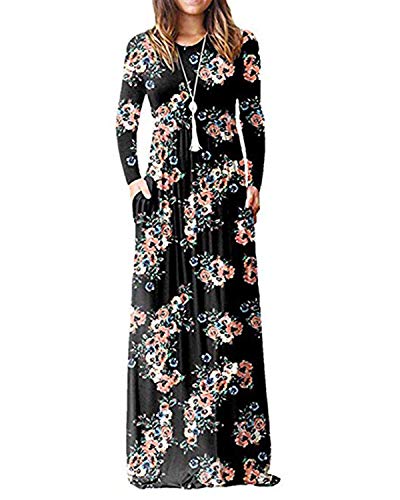 Kidsform Women's Long Sleeve Casual Maxi Dress with Pockets Floral Printed Loose Empire Waist Black Size M/UK 10-12