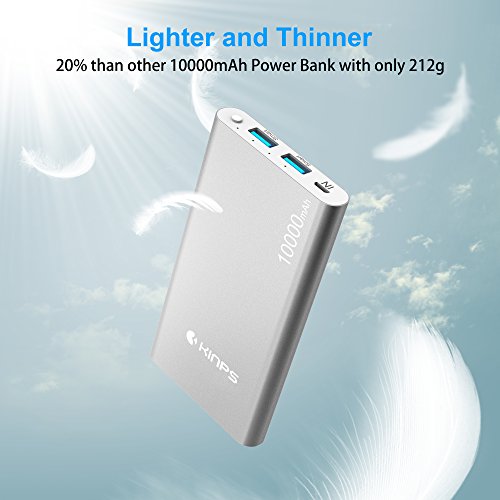 Kinps Power Bank, 10000mAh (Doble Puerto, Total 5V/3.5A) Batería Externa Portátil Carga Ultra Compacto con tecnología Inteligente para iPhone,iPad,Teléfonos móviles,Tablet (Plata)