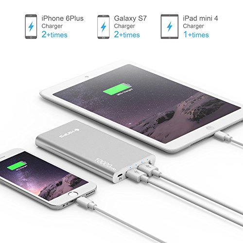 Kinps Power Bank, 10000mAh (Doble Puerto, Total 5V/3.5A) Batería Externa Portátil Carga Ultra Compacto con tecnología Inteligente para iPhone,iPad,Teléfonos móviles,Tablet (Plata)