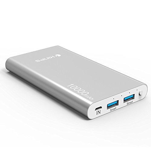 Kinps Power Bank, 10000mAh (Doble Puerto, Total 5V/3.5A) Batería Externa Portátil Carga Ultra Compacto con tecnología Inteligente para iPhone,iPad,Teléfonos móviles,Tablet (Plata)