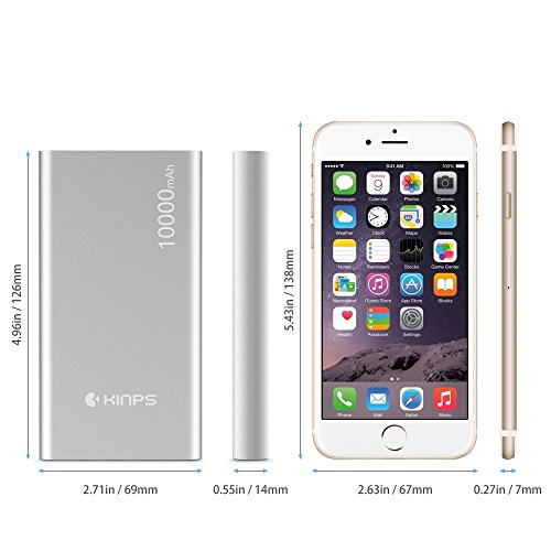 Kinps Power Bank, 10000mAh (Doble Puerto, Total 5V/3.5A) Batería Externa Portátil Carga Ultra Compacto con tecnología Inteligente para iPhone,iPad,Teléfonos móviles,Tablet (Plata)