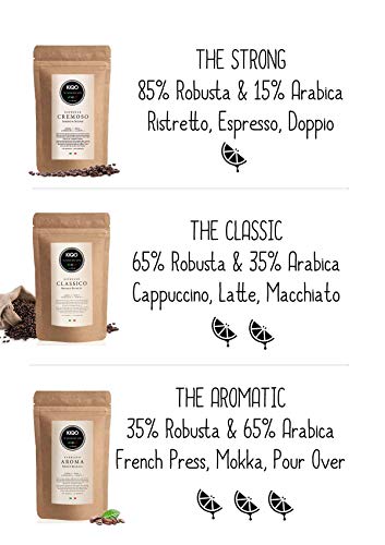 KIQO Aroma 500g Espresso | excelente café tostado premium de Italia | tostado suave en lotes pequeños | relativamente bajo en ácido y digerible | 65% Arábica y 35% Robusta (grano de café, 500g)