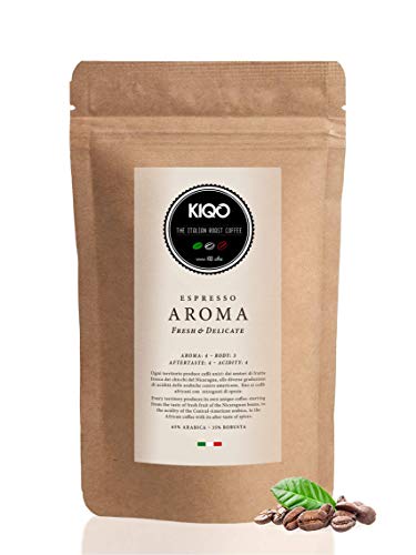 KIQO Aroma 500g Espresso | excelente café tostado premium de Italia | tostado suave en lotes pequeños | relativamente bajo en ácido y digerible | 65% Arábica y 35% Robusta (grano de café, 500g)
