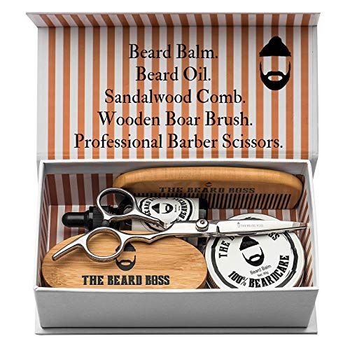 Kit de barba profesional para hombre con aceite natural orgánico, bálsamo de cera natural, cepillo de madera y cerdas de jabalí, peine de madera, tijeras de acero, bigote, caja con bolsa de viaje
