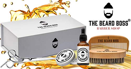 Kit de barba profesional para hombre con aceite natural orgánico, bálsamo de cera natural, cepillo de madera y cerdas de jabalí, peine de madera, tijeras de acero, bigote, caja con bolsa de viaje