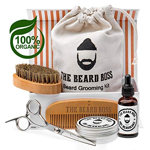 Kit de barba profesional para hombre con aceite natural orgánico, bálsamo de cera natural, cepillo de madera y cerdas de jabalí, peine de madera, tijeras de acero, bigote, caja con bolsa de viaje
