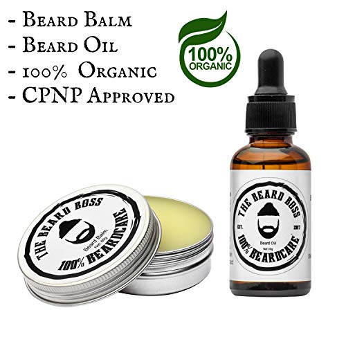 Kit de barba profesional para hombre con aceite natural orgánico, bálsamo de cera natural, cepillo de madera y cerdas de jabalí, peine de madera, tijeras de acero, bigote, caja con bolsa de viaje