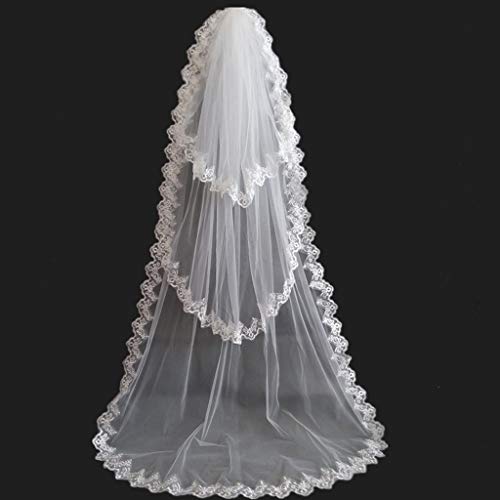 KJ-KUIJHFF velo de novia 3 capas de corte largo blanco tul encaje floral borde dulce soñador con peine accesorios de boda