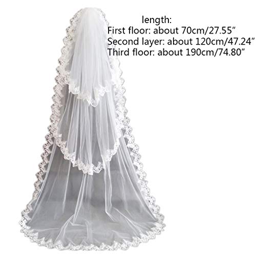 KJ-KUIJHFF velo de novia 3 capas de corte largo blanco tul encaje floral borde dulce soñador con peine accesorios de boda