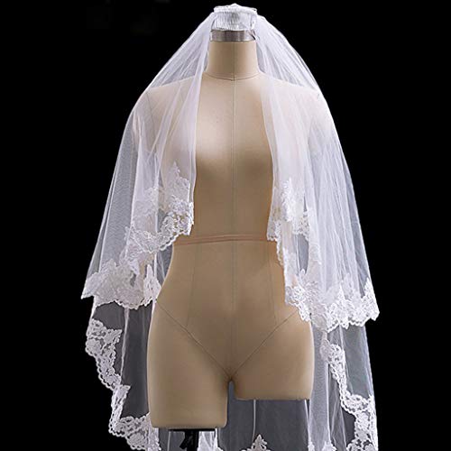 KJ-KUIJHFF velo de novia 3 capas de corte largo blanco tul encaje floral borde dulce soñador con peine accesorios de boda