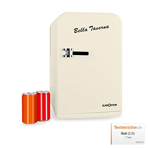Klarstein Bella Taverna - Mini nevera, 15L, Peso ligero, asa extensible y base, Múltiples usos, 1 estante extraíble, 2 compartimentos en la puerta, Ruido mínimo, Ventilador integrado, Crema