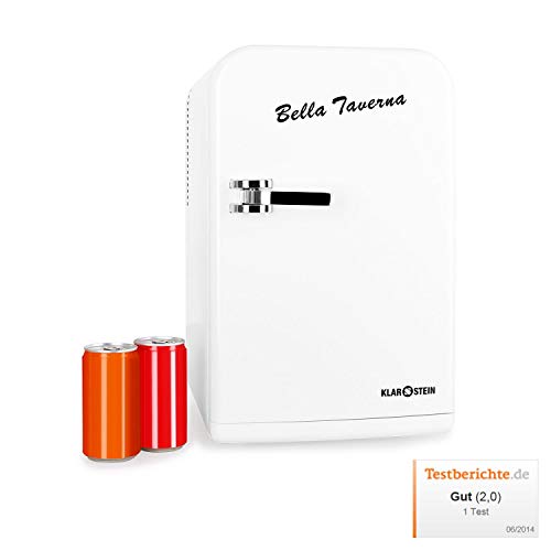 Klarstein Bella Taverna - Mini nevera, 15L, Peso ligero, asa extensible y base, Múltiples usos, 1 estante extraíble, 2 compartimentos en la puerta, Ruido mínimo, Ventilador integrado, Blanco