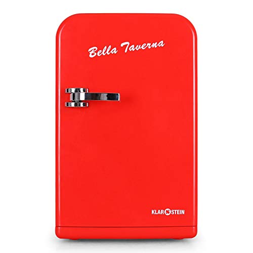 Klarstein Bella Taverna - Mini nevera, 15L, Peso ligero, asa extensible y base, Múltiples usos, 1 estante extraíble, 2 compartimentos en la puerta, Ruido mínimo, Ventilador integrado, Rojo
