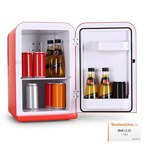 Klarstein Bella Taverna - Mini nevera, 15L, Peso ligero, asa extensible y base, Múltiples usos, 1 estante extraíble, 2 compartimentos en la puerta, Ruido mínimo, Ventilador integrado, Rojo