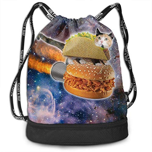 KLing Cat Taco Pizza In Space Cordón Saco Natación En Funcionamiento Mochila Bolsa de Gran Capacidad Viga, Almacenamiento para Viajes en el hogar Uso Regalo para Hombres y Mujeres, Chicas Niños