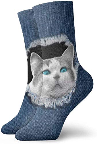 KLING Novedad Funny Crazy Crew Sock Ripped Jeans Gato con ojos azules Impreso Sport Calcetines deportivos 30cm de largo Calcetines personalizados de regalo