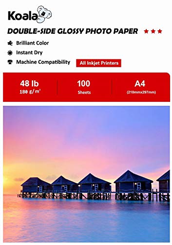 KOALA Papel Fotográfico de Doble cara Brillante para Inyección de Tinta A4, 180 g/m², 100 hojas. Adecuado para imprimir Fotos, Certificados, Folletos, Volantes, Tarjetas, Calendarios, Cubiertas, Artes