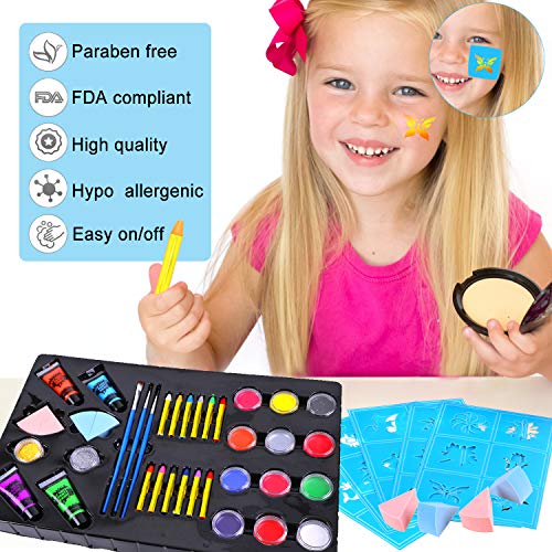 Konsait Pinturas Cara para Niños, Seguridad no tóxica Pintura Facial maquillaje niños, 24 Colores Crayons de Pintura y UV Luz body paint y plantillas Pinceles para Halloween Fiestas, Navidad, Cosplay