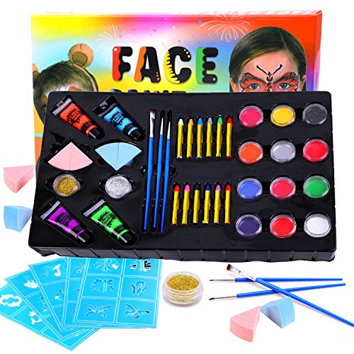 Konsait Pinturas Cara para Niños, Seguridad no tóxica Pintura Facial maquillaje niños, 24 Colores Crayons de Pintura y UV Luz body paint y plantillas Pinceles para Halloween Fiestas, Navidad, Cosplay