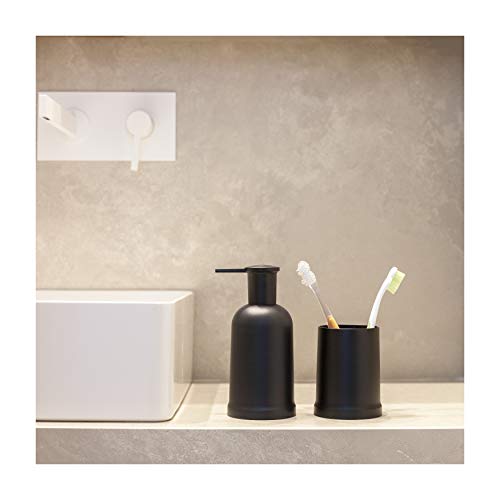 KOOK TIME - Set de 3 Accesorios baño, dispensador de jabón líquido, Vaso portacepillos y escobillero baño, plástico Robusto y de Calidad (Negro)