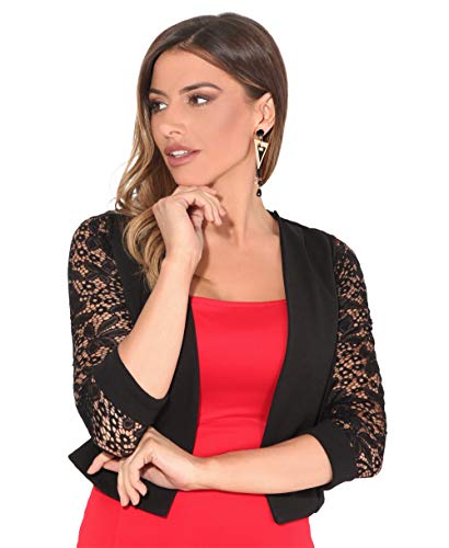 KRISP Bolero Mujer Fiesta Tallas Grandes Torera Chaqueta Corta Boda Elegante Noche Vestir Manga, (Negro (5159), ML), 5159-BLK-ML