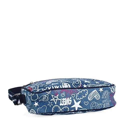 KUKUXUMUSU - Bolso de Mujer Pequeño con Bandolera. Doble Compartimento. Resistente Cómodo y Ligero. para Uso Diario o Paseo. Lona Estampada. Infantil Juvenil. Incluye Llavero. 93783, Color Azul