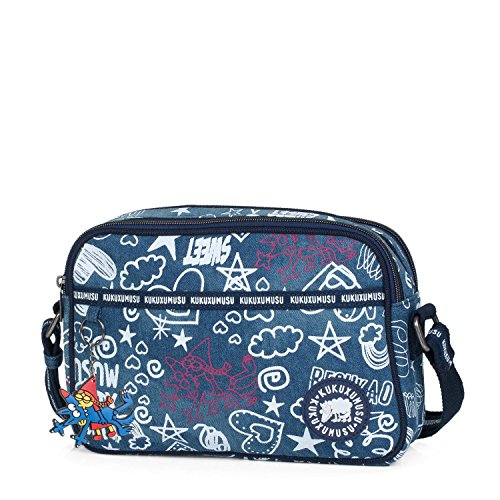 KUKUXUMUSU - Bolso de Mujer Pequeño con Bandolera. Doble Compartimento. Resistente Cómodo y Ligero. para Uso Diario o Paseo. Lona Estampada. Infantil Juvenil. Incluye Llavero. 93783, Color Azul
