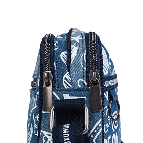 KUKUXUMUSU - Bolso de Mujer Pequeño con Bandolera. Doble Compartimento. Resistente Cómodo y Ligero. para Uso Diario o Paseo. Lona Estampada. Infantil Juvenil. Incluye Llavero. 93783, Color Azul