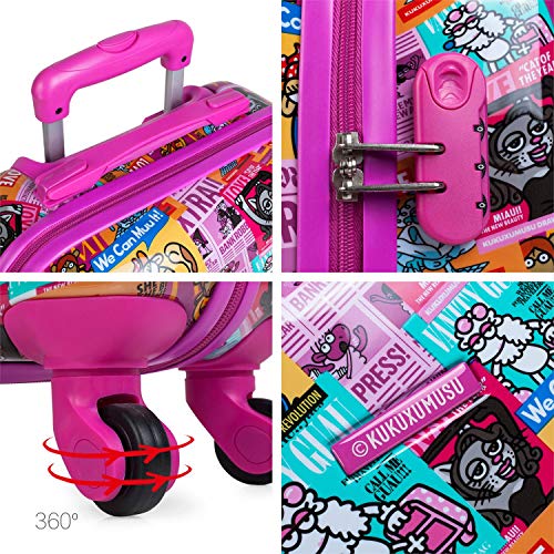 KUKUXUMUSU - Maleta Cabina de Viaje Infantil Juvenil Rígida 4 Ruedas Trolley 55 cm Policarbonato Estampado. Equipaje de Mano. Resistente y Ligera. Mango y Asa. Ryanair. 130750, Color Fucsia