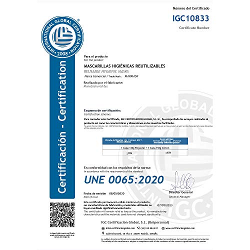 KUMUNDO - Mascarilla higiénica reutilizable certificada para 30 lavados - UNE0065 -Colores Lisos Hombres - Talla L (Marino)