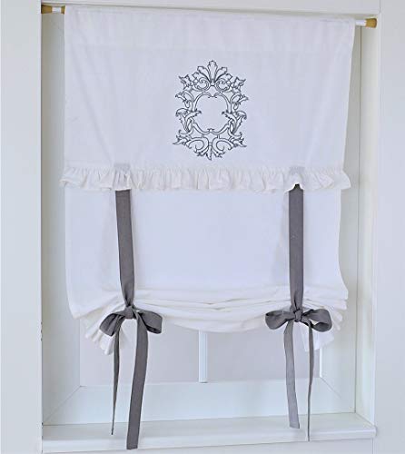 Kutti Cortina Romana Siena con Lazos romántico Volante Bordado Algodon Ancho ca. 100 x Altura 100 cm