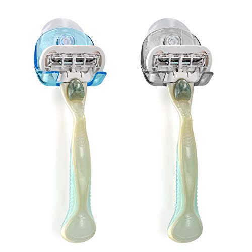 kwmobile 2x Soporte para maquinilla de afeitar con ventosa - Organizador adhesivo para el baño vidrio y azulejos - negro/azul claro/transparente