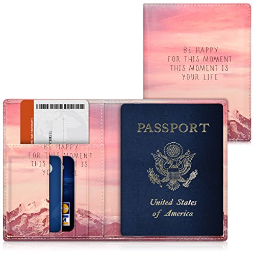kwmobile Funda para pasaporte de cuero sintético compatible con pasaporte DNI - EStuche con ranuras para tarjetas y Be Happy
