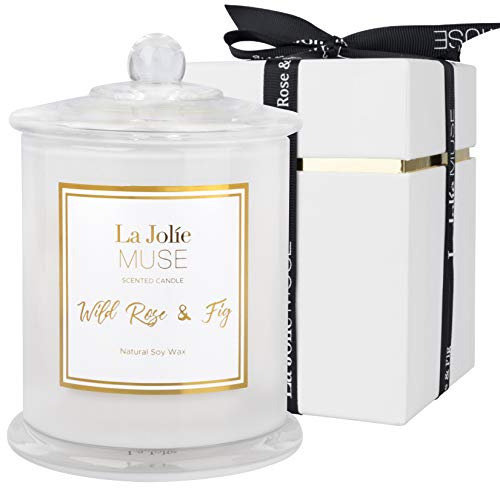 La Jolíe Muse Vela perfumada Rosa Silvestre e Higo, Vela de Soja Natural para el hogar, 50-65 Horas de duración, Tarro de Cristal Blanco, Regalo para tu casa, 9.9Oz