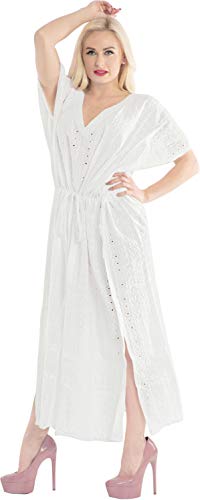 LA LEELA Mujeres caftán Algodón túnica Bordado Kimono Libre tamaño Largo Maxi Vestido de Fiesta para Loungewear Vacaciones Ropa de Dormir Playa Todos los días Cubrir Vestidos Ghosts Blanco_X1026