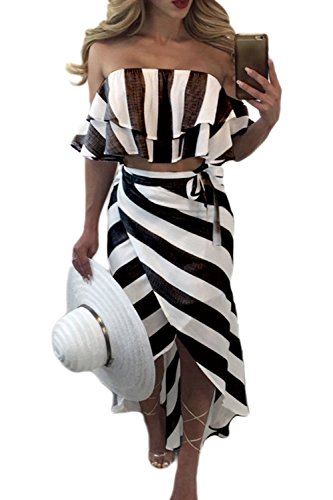 La Mujer 2 Piezas Ruffles Off - Hombro Vestido De Rayas Irregulares De Playa Midi Conjuntos Crop Top Black XS