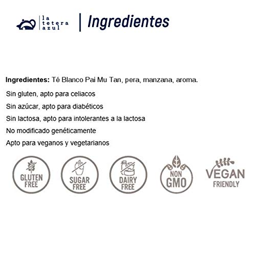 LA TETERA AZUL Té Blanco Premium Pai Mu Tan Con Pera Y Manzana. Infusión Baja En Teína. Bote A Granel De 80 Gramos Para 53 Infusiones.