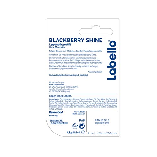 Labello Blackberry Shine en paquete de 6 unidades (6 x 4,8 g), pintalabios con brillo rojo y pigmentos brillantes, cuidado de labios sin aceites minerales