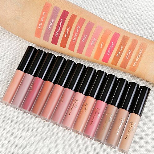 Labios Nude Matte Liquid Lipsticks Afflano,Lápiz Labial De Larga Duración a Prueba Agua,Brillo Labial Líquido Rojo Oscuro Quédate Todo El Día,Kit Regalo De 12 Colores Lip Gloss Natural Nude Lipsticks