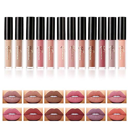 Labios Nude Matte Liquid Lipsticks Afflano,Lápiz Labial De Larga Duración a Prueba Agua,Brillo Labial Líquido Rojo Oscuro Quédate Todo El Día,Kit Regalo De 12 Colores Lip Gloss Natural Nude Lipsticks