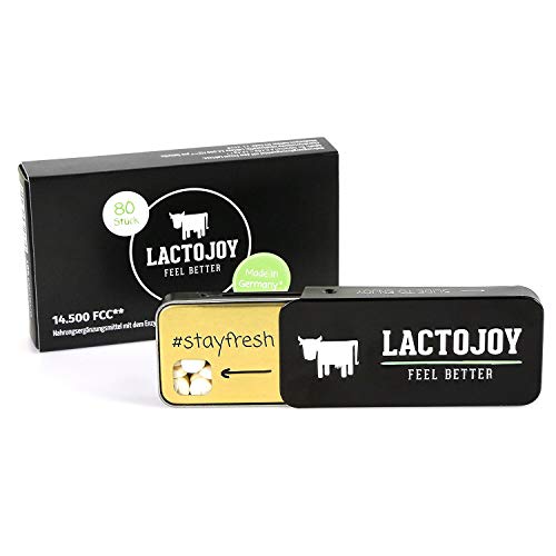 LactoJoy Pastillas de Lactasa 14.500 FCC I Tratamiento de Comprimidos para Intolerancia a la Lactosa I Digestión de la Leche, Queso I Capsulas de Enzimas Digestivas I Vegano I 1 x 80 Caps