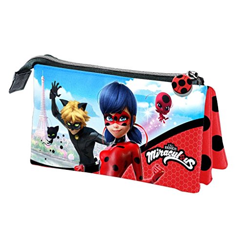 Lady Bug Miraculous- Ladybug Estuche portatodo Triple, Color Rojo, 22 cm (Karactermanía 32893)