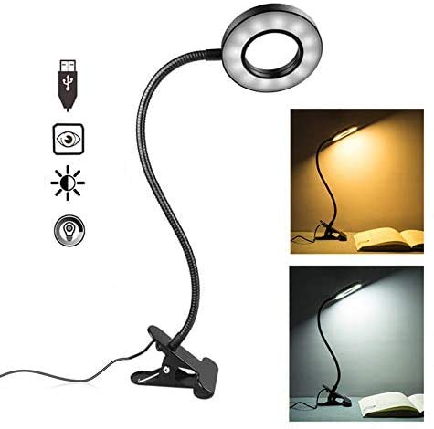 Lámpara de Pinza LED, Lypumso Luz Escritorio con Pinza de Protección Ocular, 2 Modos Ajustables, Blanco Frío/Cálido, 360 °Cuello Flexible, Ahorro de Energía, Negra.