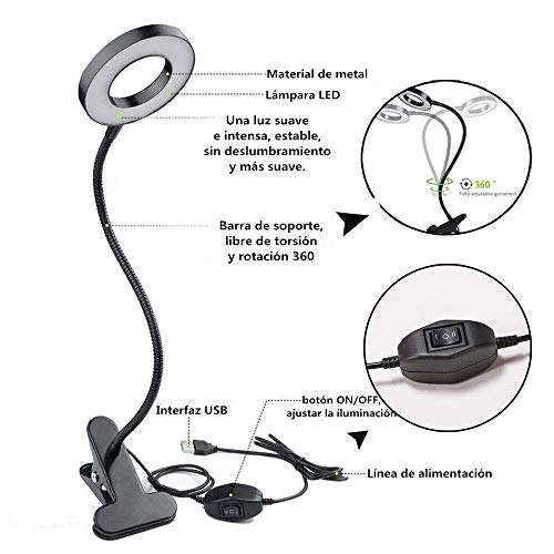 Lámpara de Pinza LED, Lypumso Luz Escritorio con Pinza de Protección Ocular, 2 Modos Ajustables, Blanco Frío/Cálido, 360 °Cuello Flexible, Ahorro de Energía, Negra.