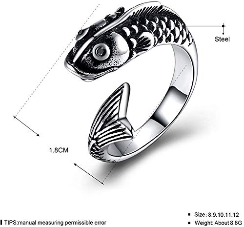 LAMUCH Men's 316l Stainless Steel Vintage Silver Fish Hollow-out Opening Slightly Crystal Eyes Ring Jewelry.School Gift